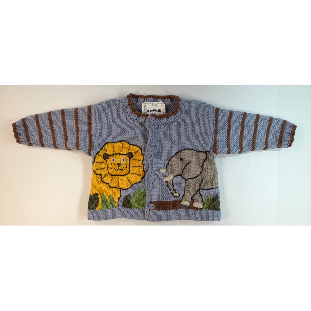 ArtWalk Knits For Kids Lion Elephant Safari Cotton Cardigan Blue 12 Months